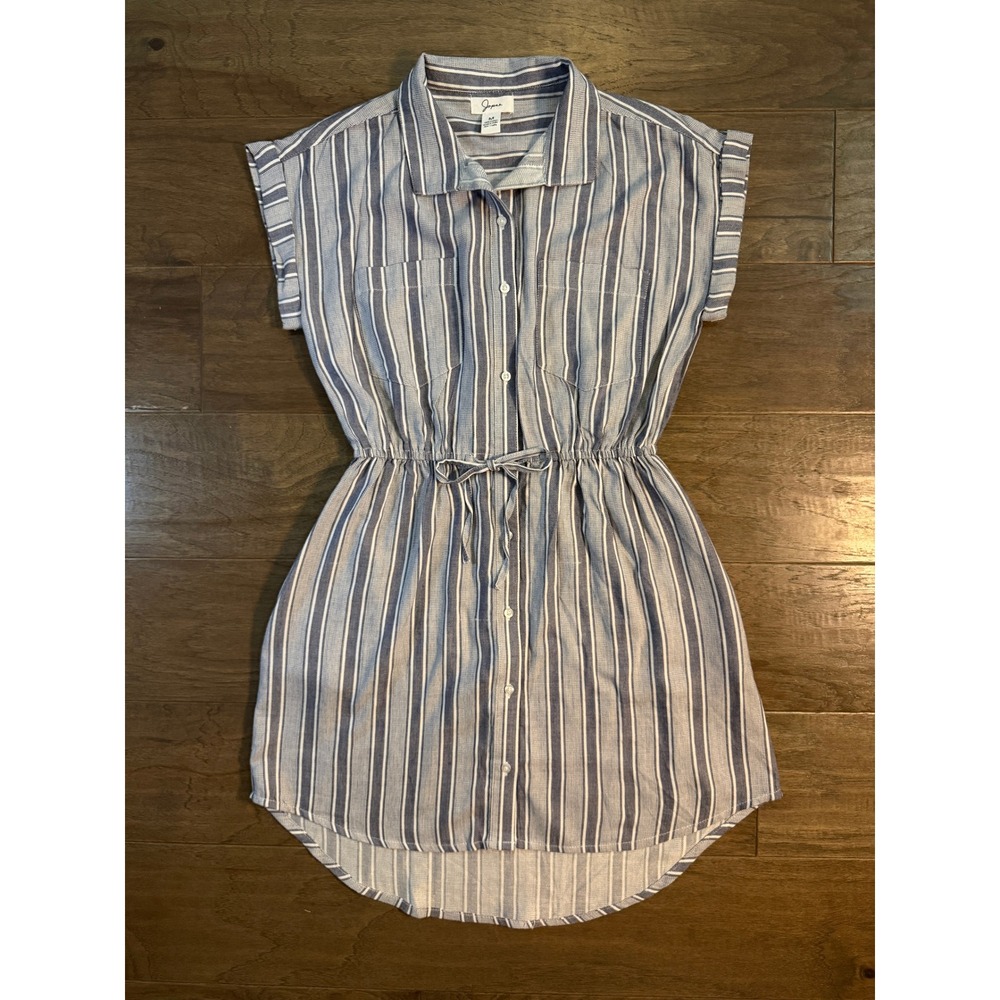 Japna Blue White Striped Cotton Shirt Dress Cap Sleeve Drawstring Waist Medium - Picture 1 of 5
